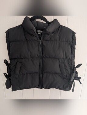 Newin Black Quilted Cropped  Puffer Vest with Side Tie Details